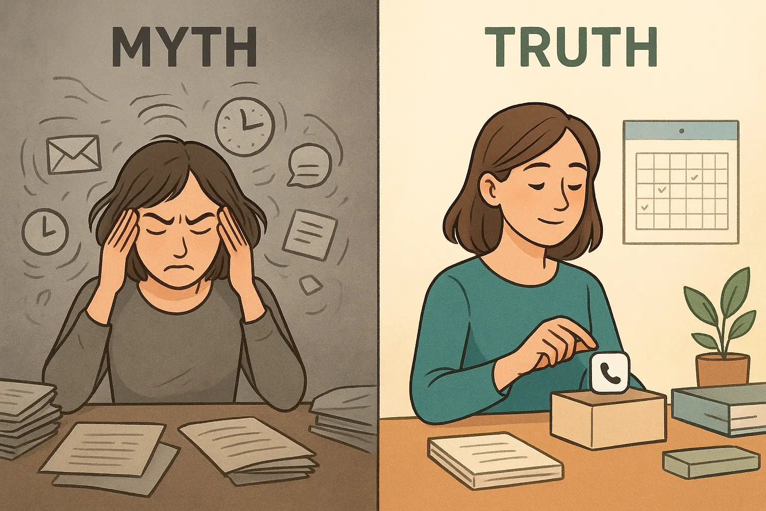 Side-by-side comparison showing stressed woman fighting mental distractions versus calm woman using physical containers to organise tasks