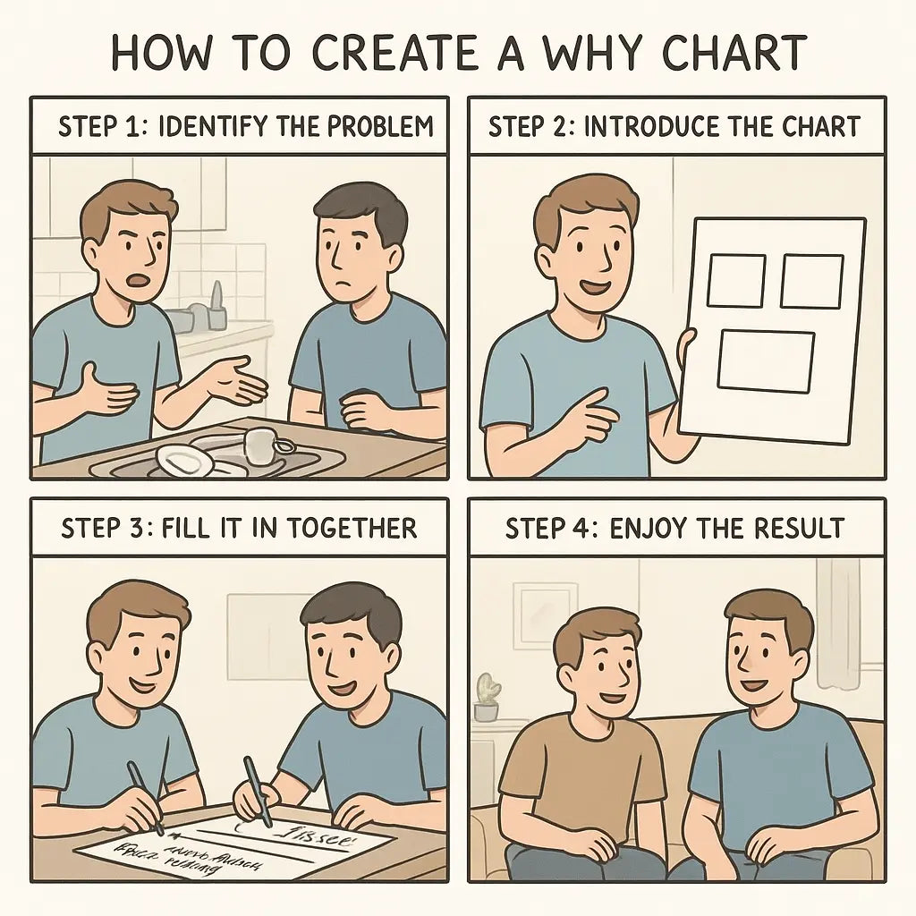 Four-panel comic showing two housemates using a Why Chart to resolve kitchen disputes, moving from frustration to peaceful cooperation