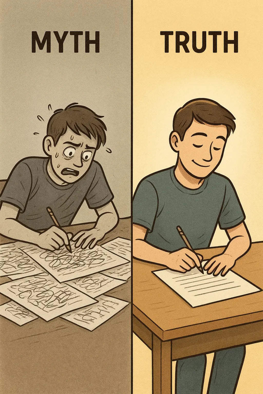 Side-by-side comparison of a stressed student writing messily versus a calm student writing a neat, concise exam answer