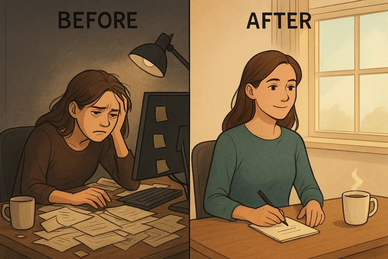 Split-panel illustration showing a woman's transformation from overwhelmed at a chaotic desk to calm and focused at an organised workspace.