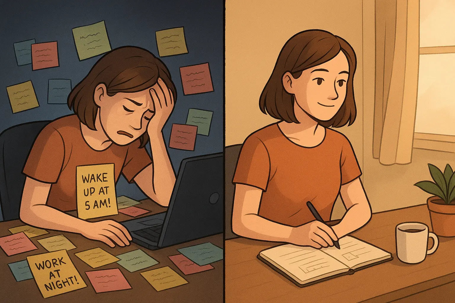 Woman transforms from overwhelmed by chaotic sticky notes to calm with organised notebook system at her desk
