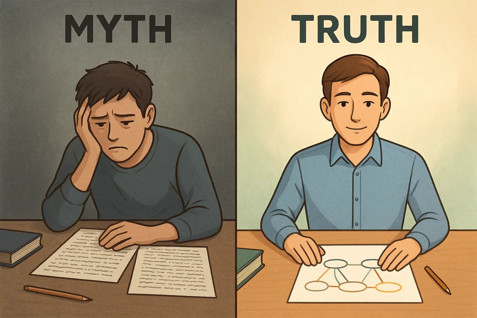 Side-by-side comparison showing frustrated student with messy notes versus confident student using connected mind maps with coloured bridges for clarity