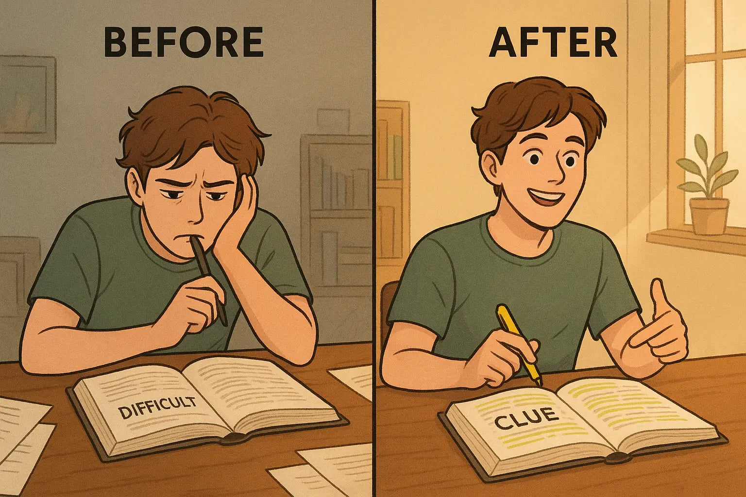 Student transformation from frustration over difficult word to confident understanding using context clues and highlighter at desk