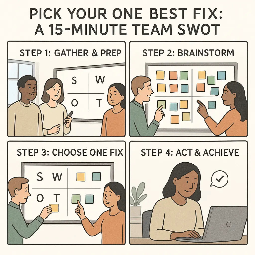Four-panel comic showing a diverse team conducting a quick SWOT analysis, from gathering around a whiteboard to successfully implementing their chosen improvement.