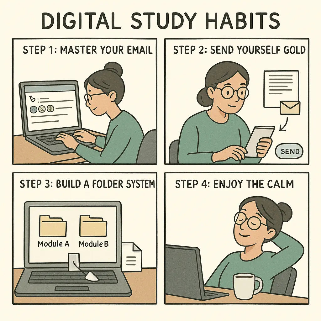 Four-panel comic showing a student mastering email, sending articles to herself, creating a folder system, and relaxing at her organised desk.