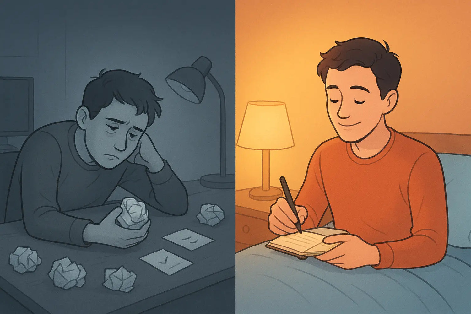 A man calmly writing three daily wins in a notebook on his bed, looking confident and peaceful in warm, cosy lighting.