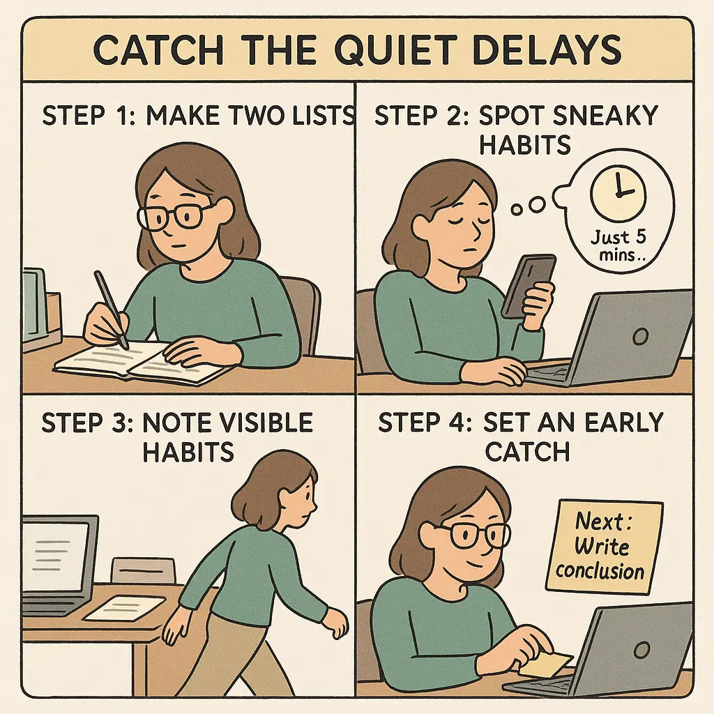 Young woman at desk identifying procrastination habits in two lists and setting actionable plan to regain focus