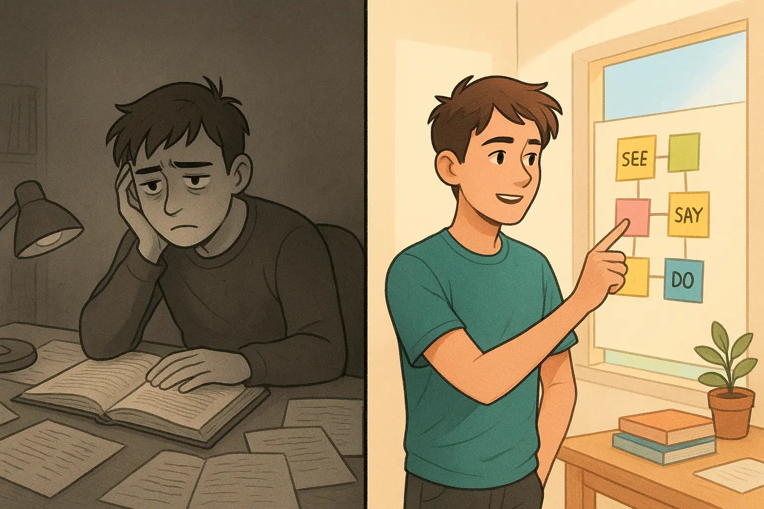 Student actively learning by organising colourful sticky notes on a wall, demonstrating the see, say, do method in a bright, vibrant setting.