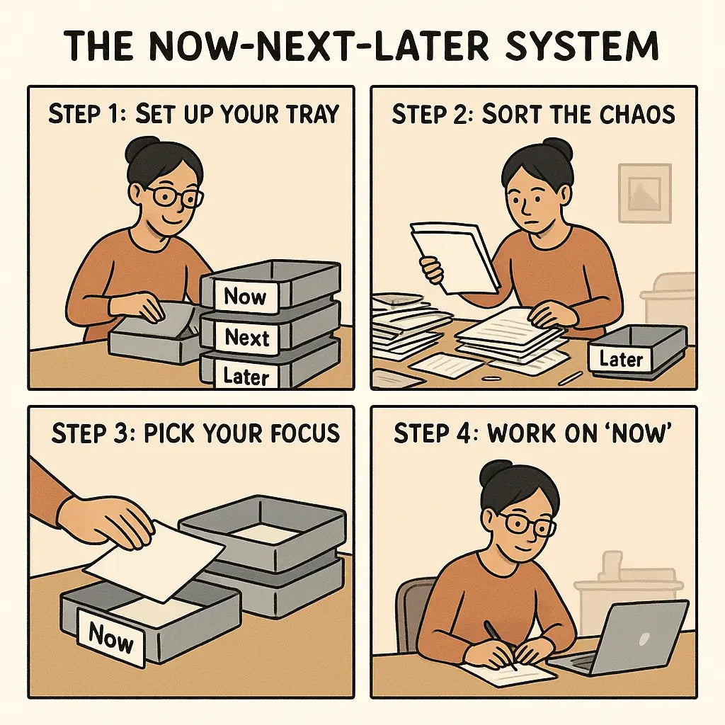 A woman organises her cluttered desk using three labeled trays, sorting tasks and focusing calmly on a single item.