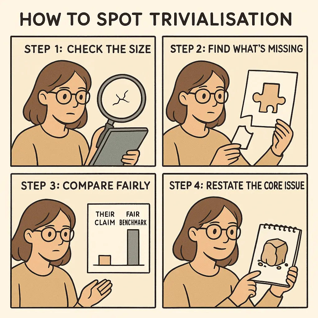 Four-panel comic strip showing a university student learning to spot trivialisation through checking scale, finding missing facts, comparing fairly, and restating issues.