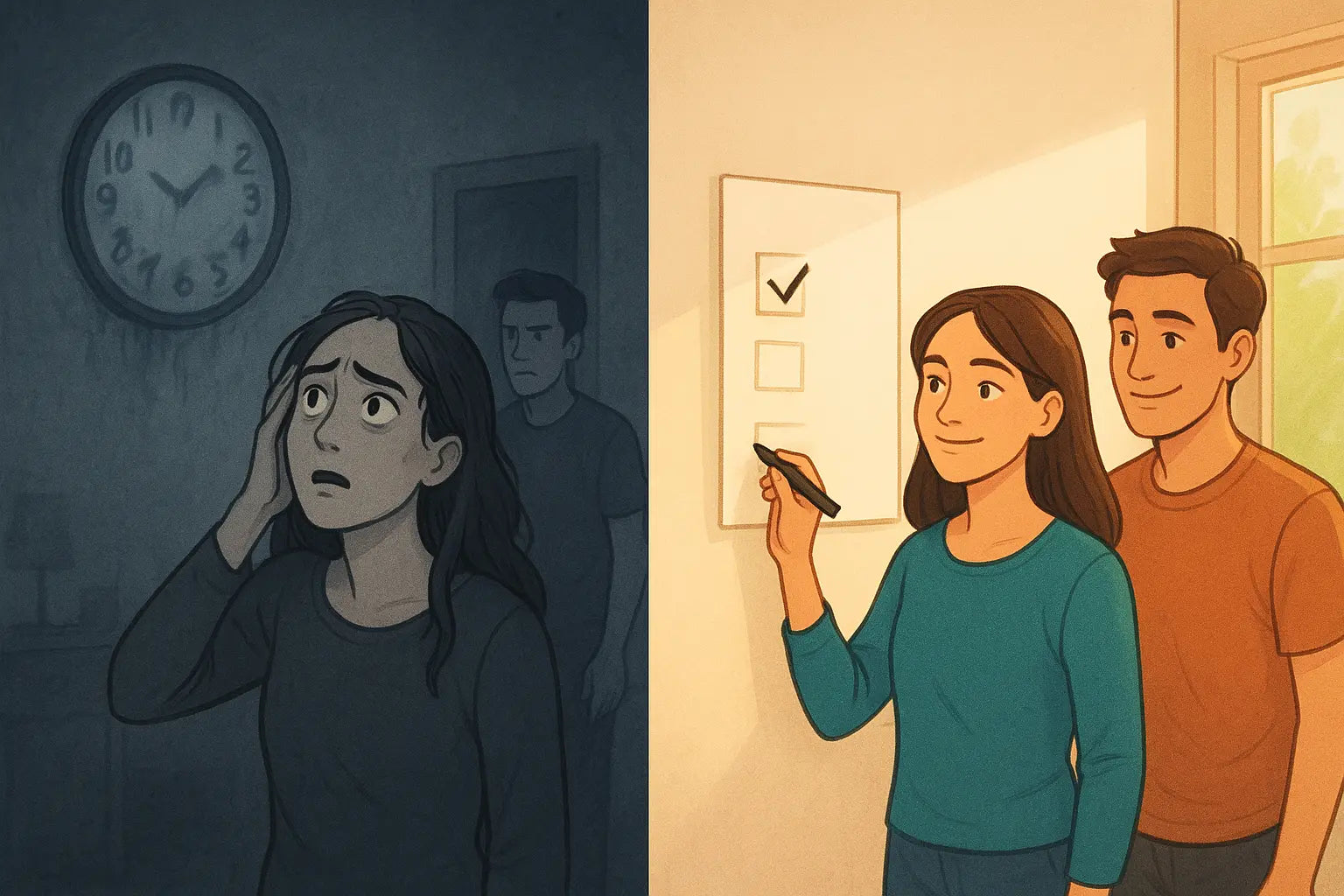 Woman confidently using checklist and timer for time management, showing transformation from stress to calm planning