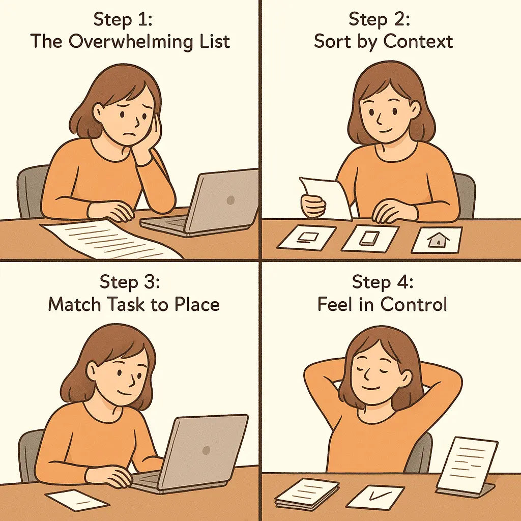 A person organizing tasks from one long overwhelming list into three separate context-based lists marked with computer, phone, and house icons