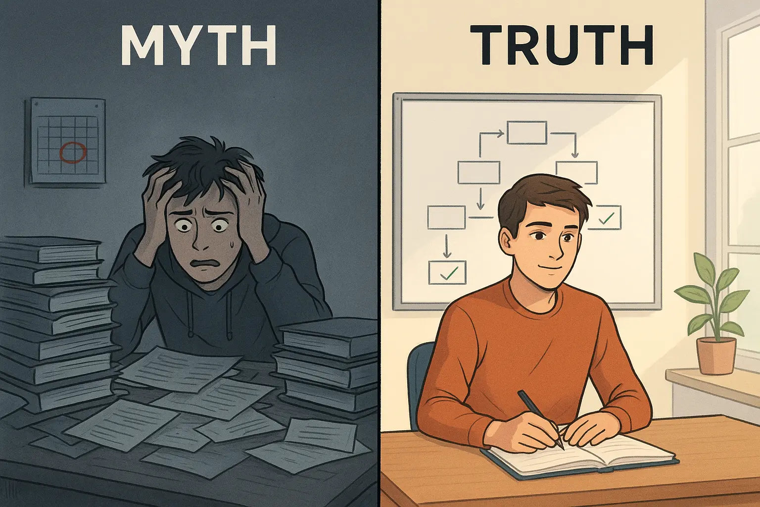 Split-screen comparison showing stressed student with single deadline versus calm student using organised subdeadlines system