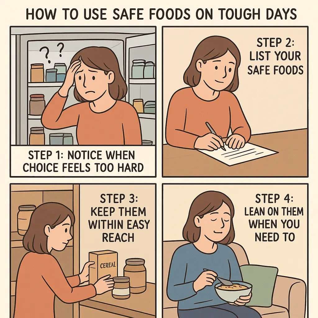 Woman progressing through four steps: feeling overwhelmed by food choices, creating a written safe foods list, organising accessible pantry items, and peacefully enjoying a simple meal.