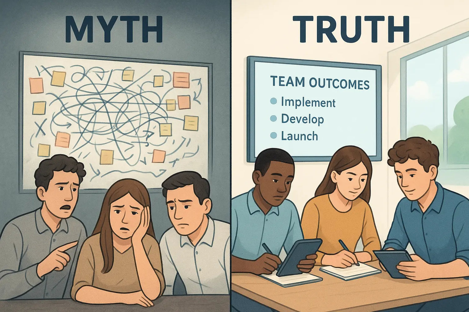 Split illustration comparing chaotic shared task board with stressed team versus organised outcome list with focused individuals managing their own actions