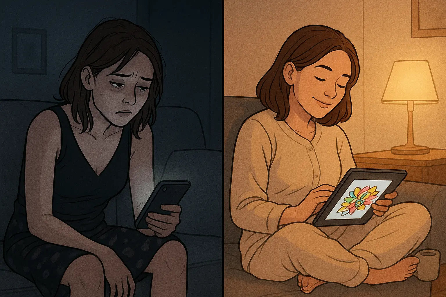 Split panel showing woman transforming from exhausted on sofa to peacefully engaged with colouring app in cosy setting