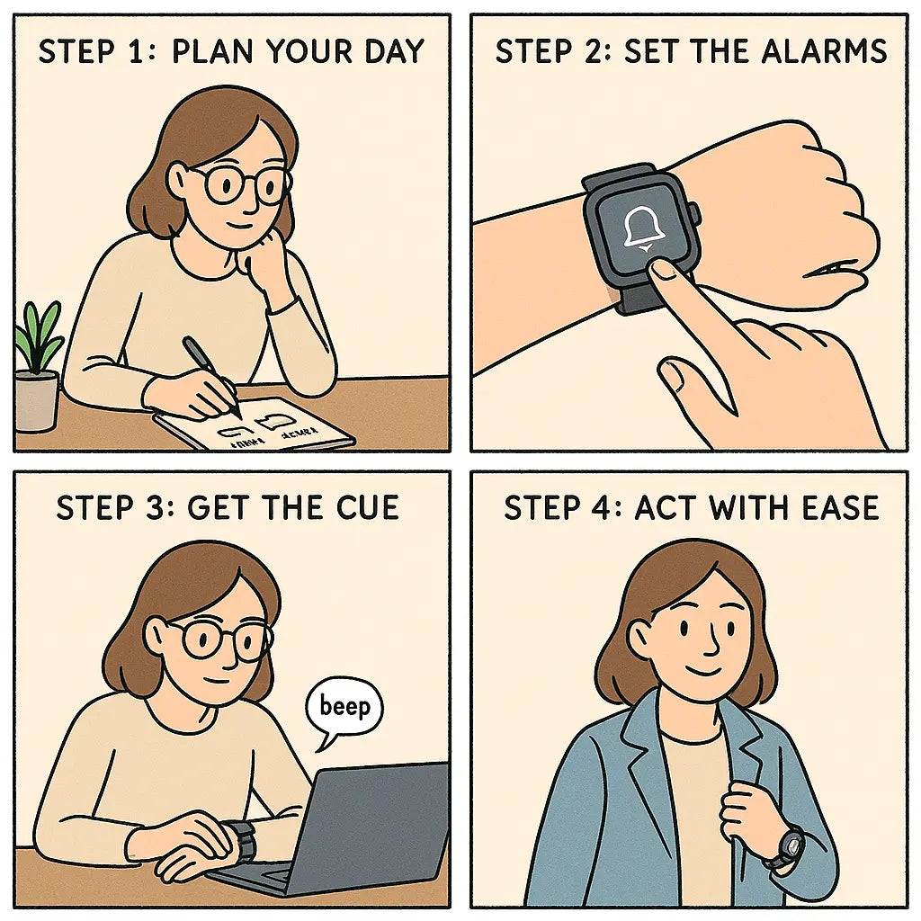 Four-panel comic showing a woman using an alarm watch to manage daily transitions, from planning to confidently moving between tasks.