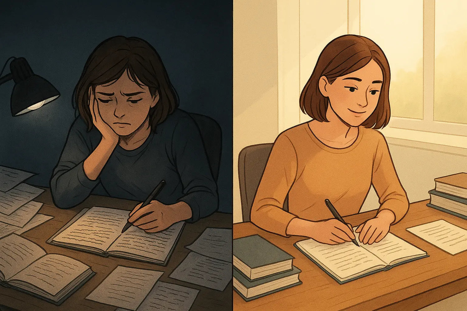 Split panel showing a woman's note-taking transformation from stressed with messy notes to calm with organised, clear notes