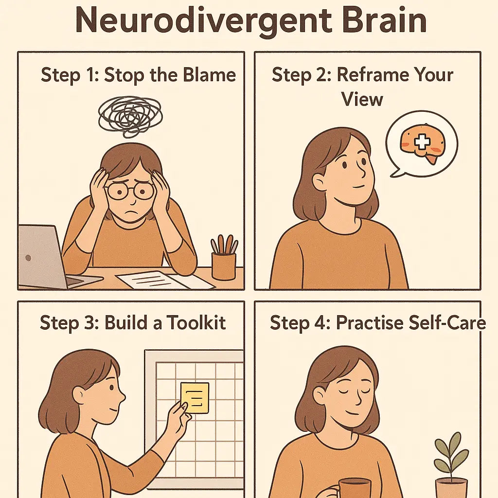 Four-panel comic showing a woman's journey from overwhelmed at a cluttered desk to calm and organised with practical support tools