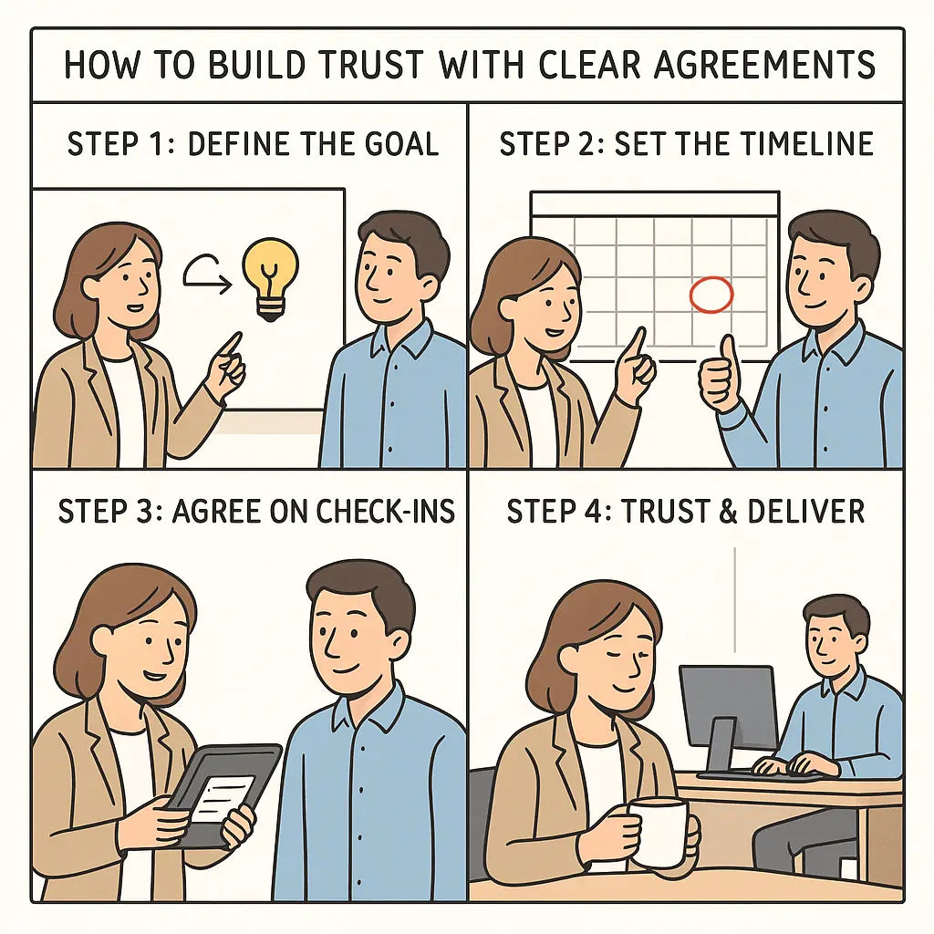 A four-panel comic showing a manager and employee building trust through clear work agreements, from defining goals to autonomous delivery