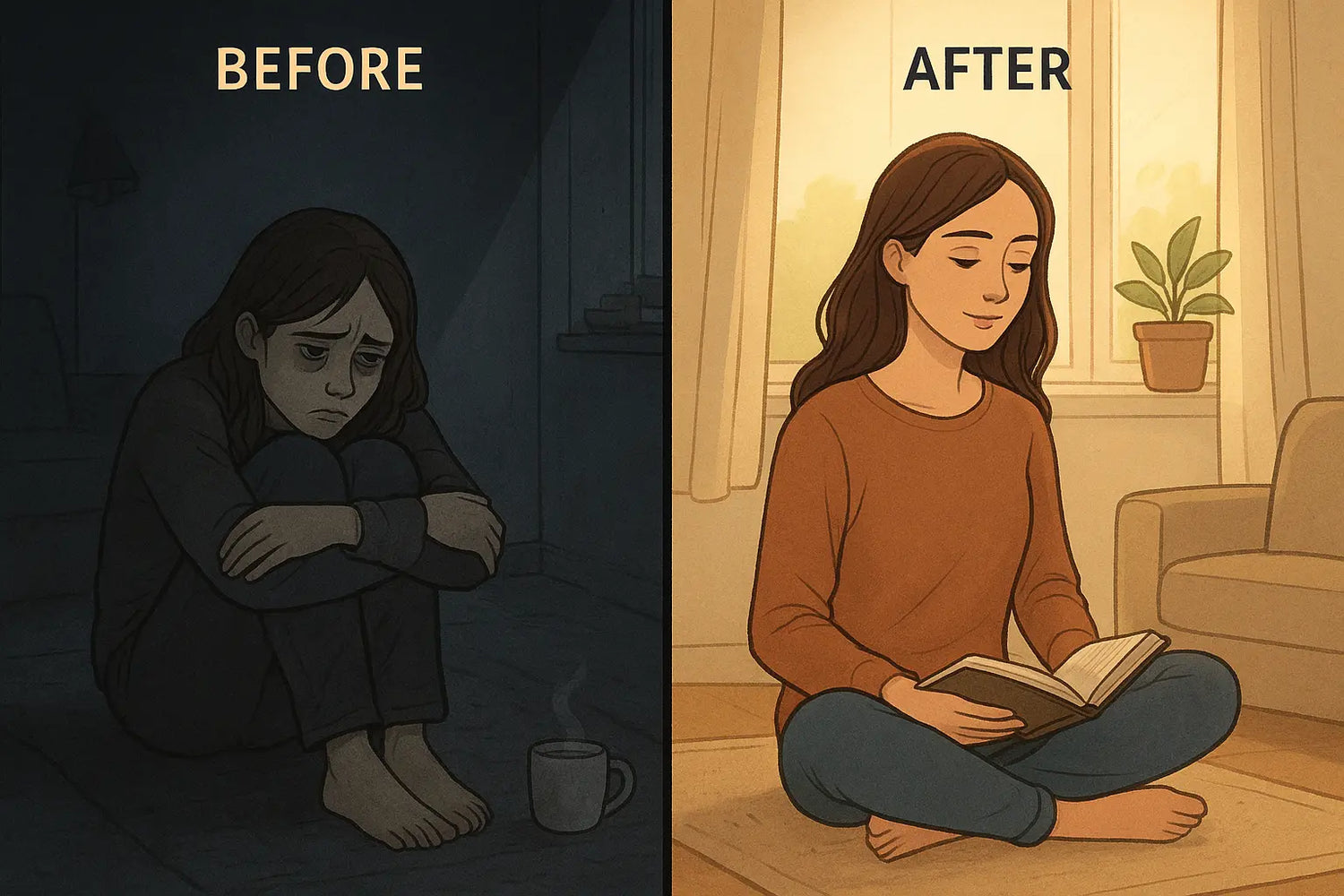 A woman transforms from exhausted on the floor to peacefully journaling in a bright, calm room.