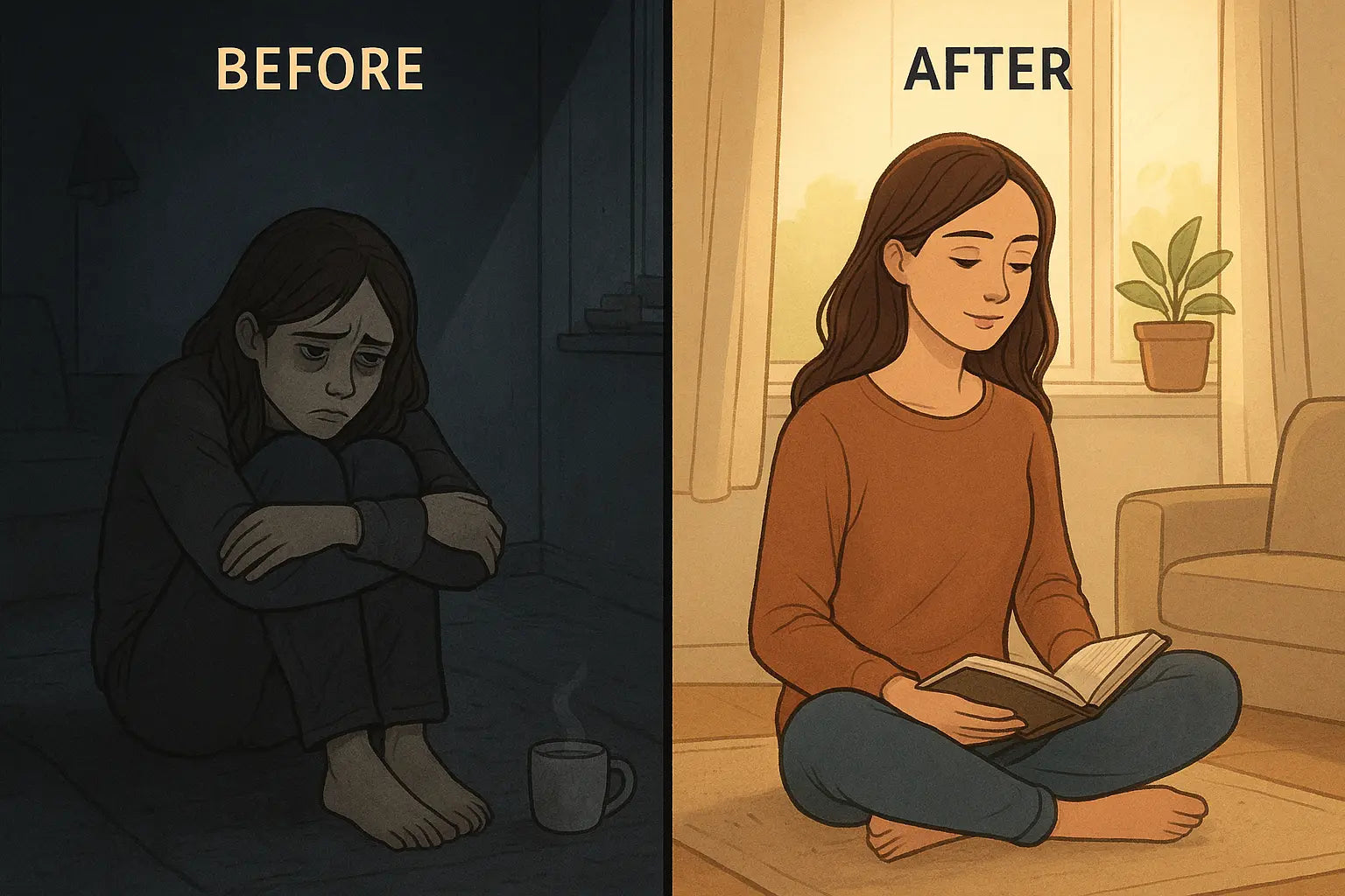 A woman transforms from exhausted on the floor to peacefully journaling in a bright, calm room.