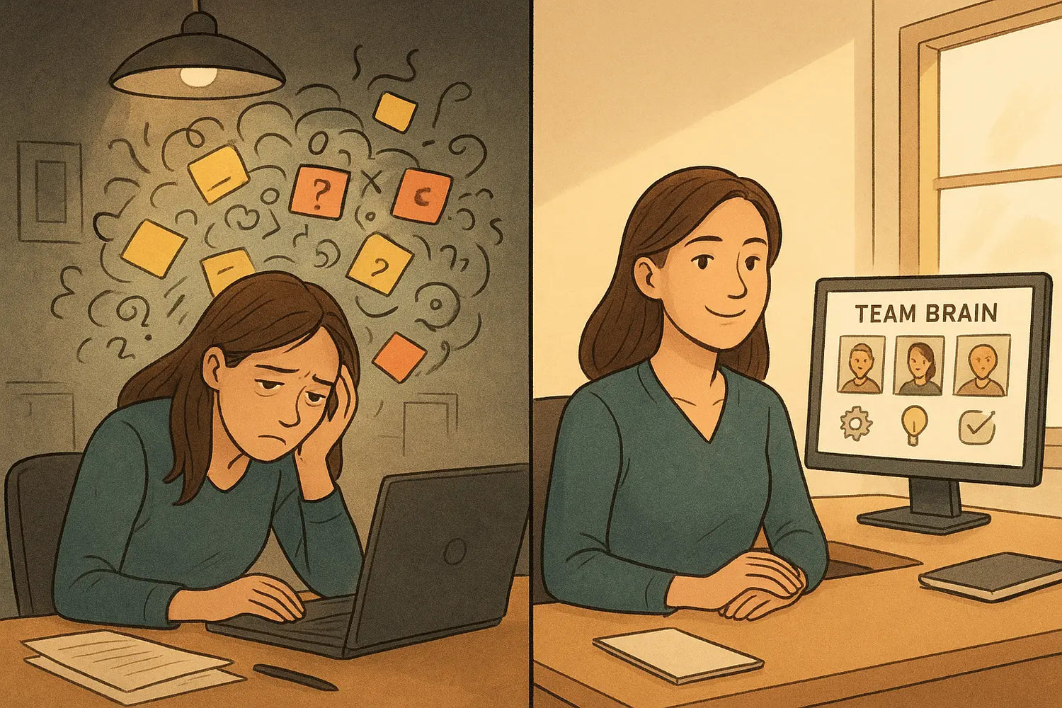 Split panel showing stressed woman surrounded by chaotic notes transforming into calm professional viewing organised team responsibility chart