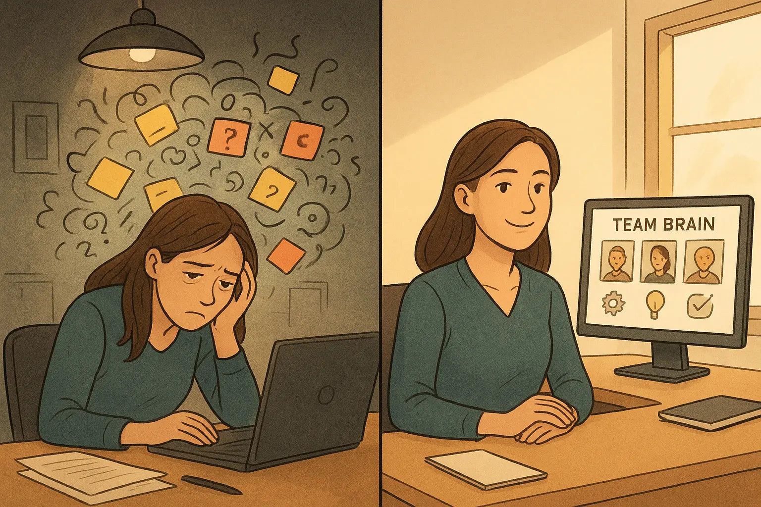 Split panel showing stressed woman surrounded by chaotic notes transforming into calm professional viewing organised team responsibility chart