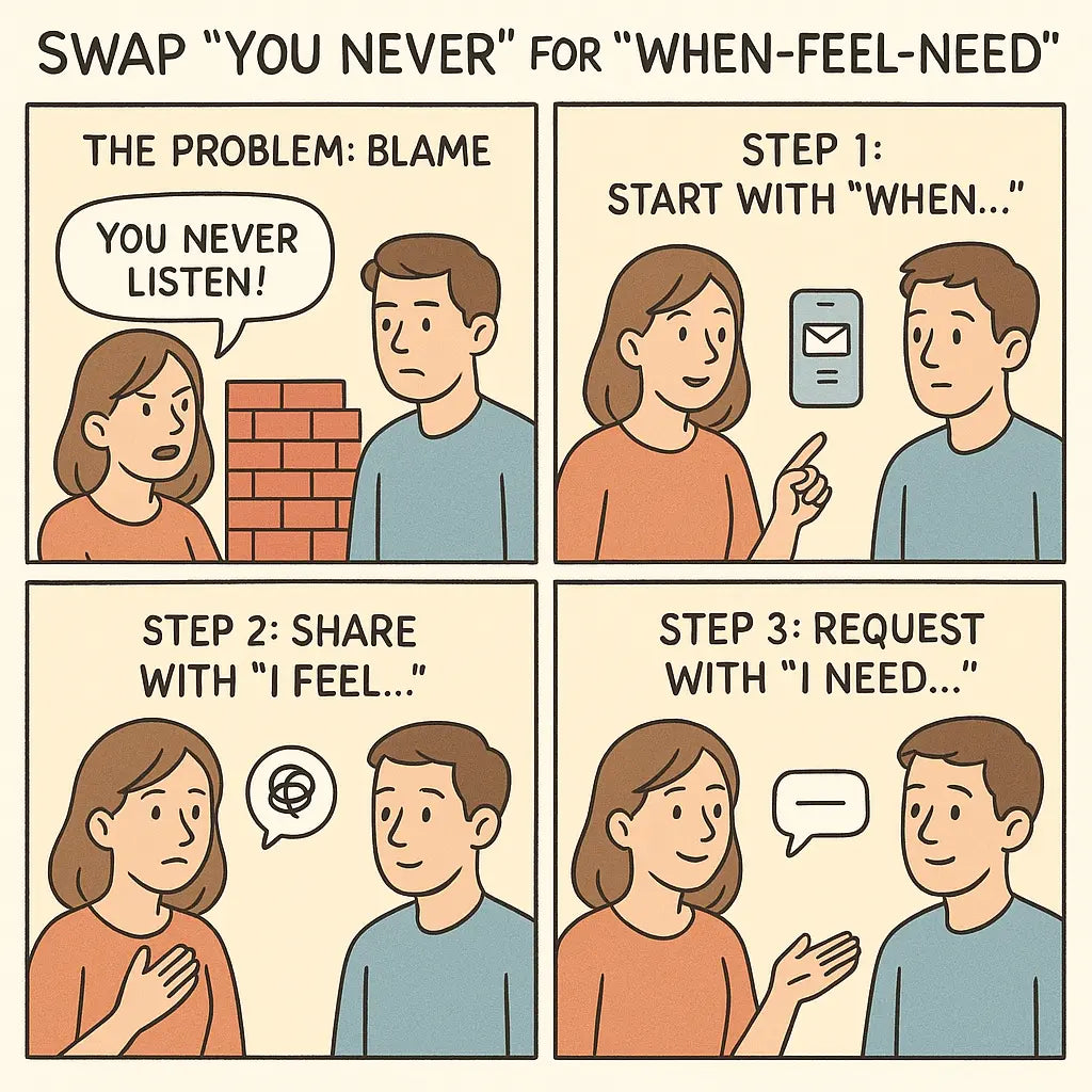 A four-panel comic strip illustrating the When-Feel-Need method, showing a couple transforming a blaming conversation into understanding.