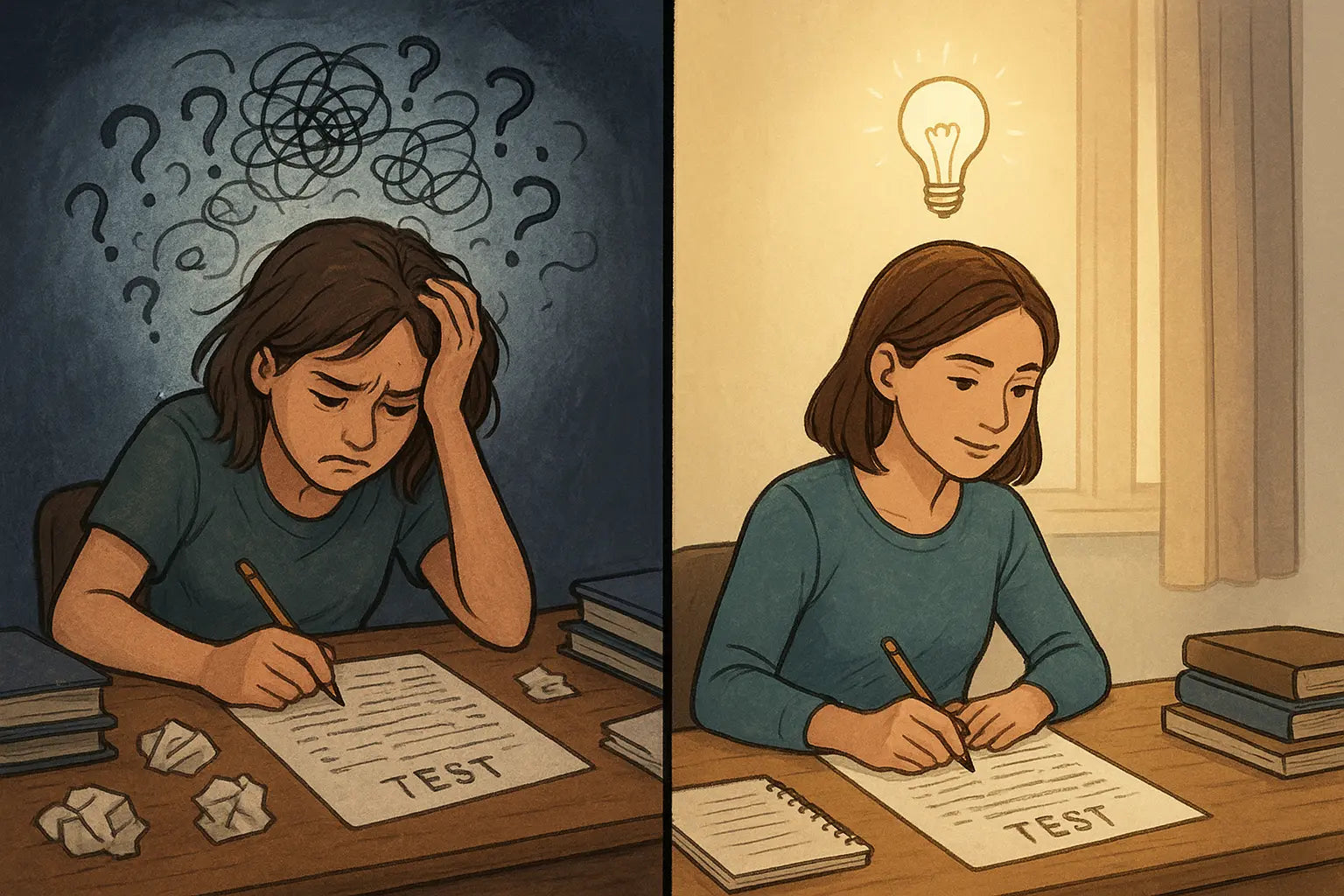 Woman transforms from overwhelmed at cluttered desk to calm and focused at organised workspace during exam