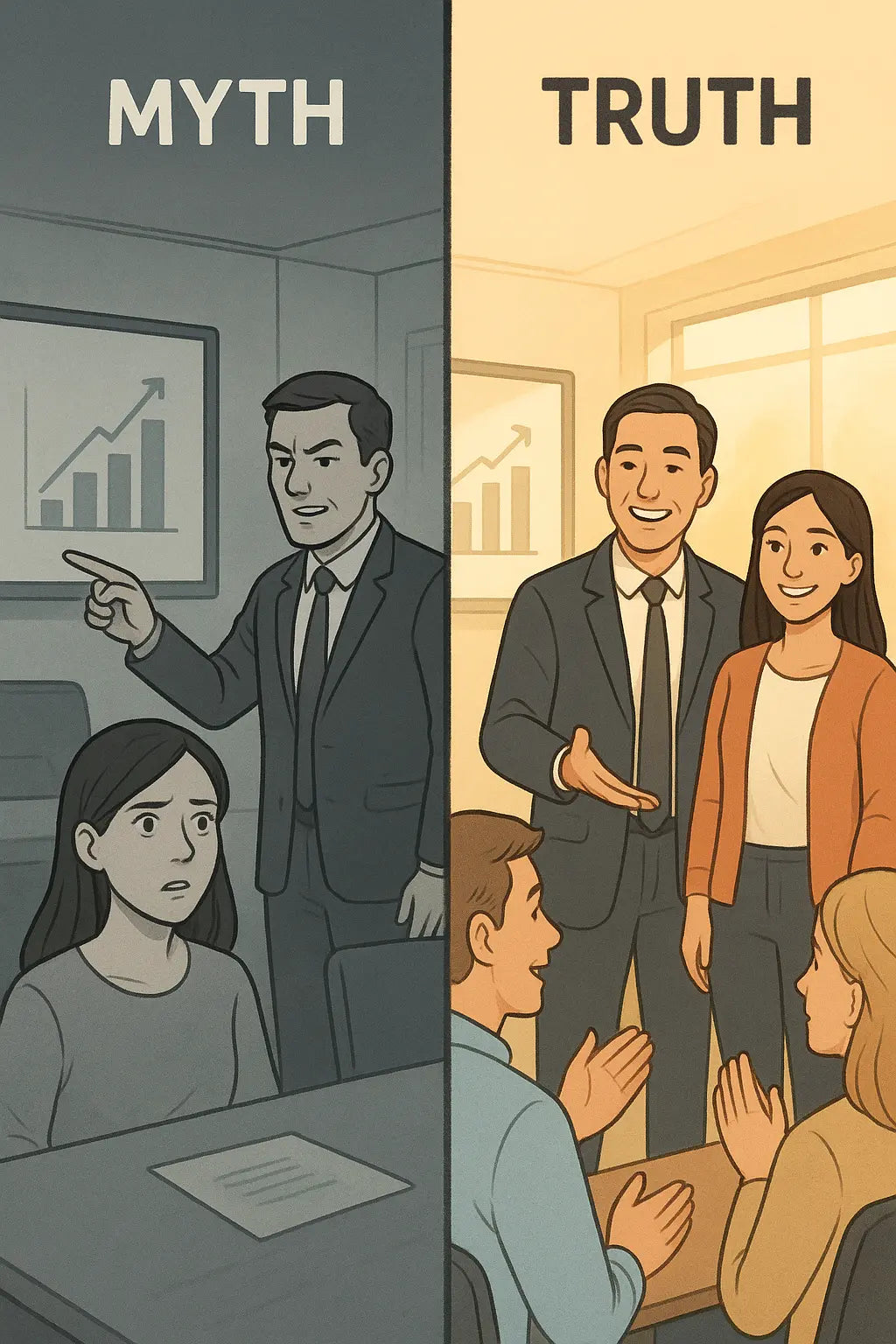 Office manager giving public credit to team member, showing contrast between taking credit and acknowledging contributions