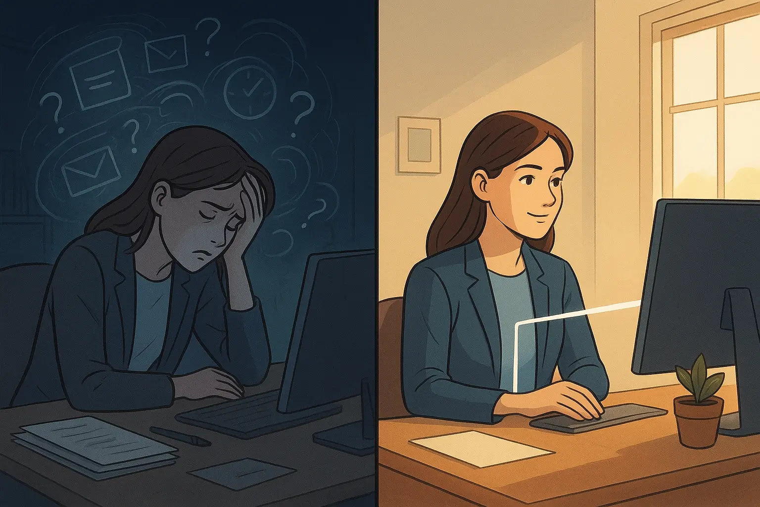 Professional woman transforming from overwhelmed to focused after taking one decisive career action in her home office