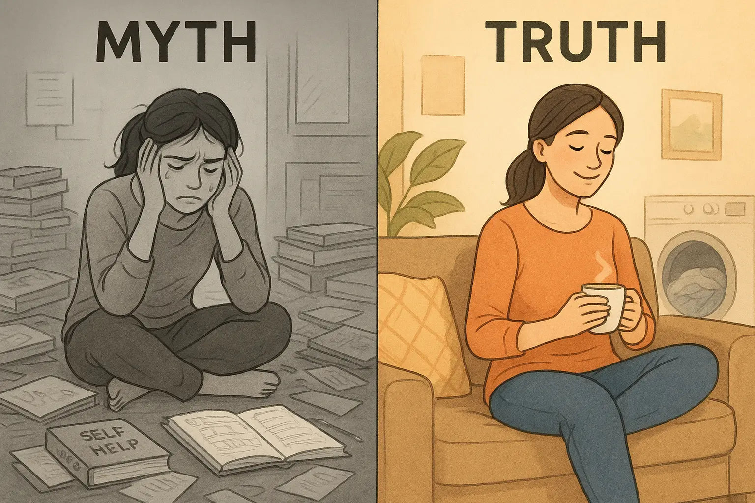 Split illustration showing stressed woman in chaotic room versus peaceful woman accepting herself in cosy room with laundry in background