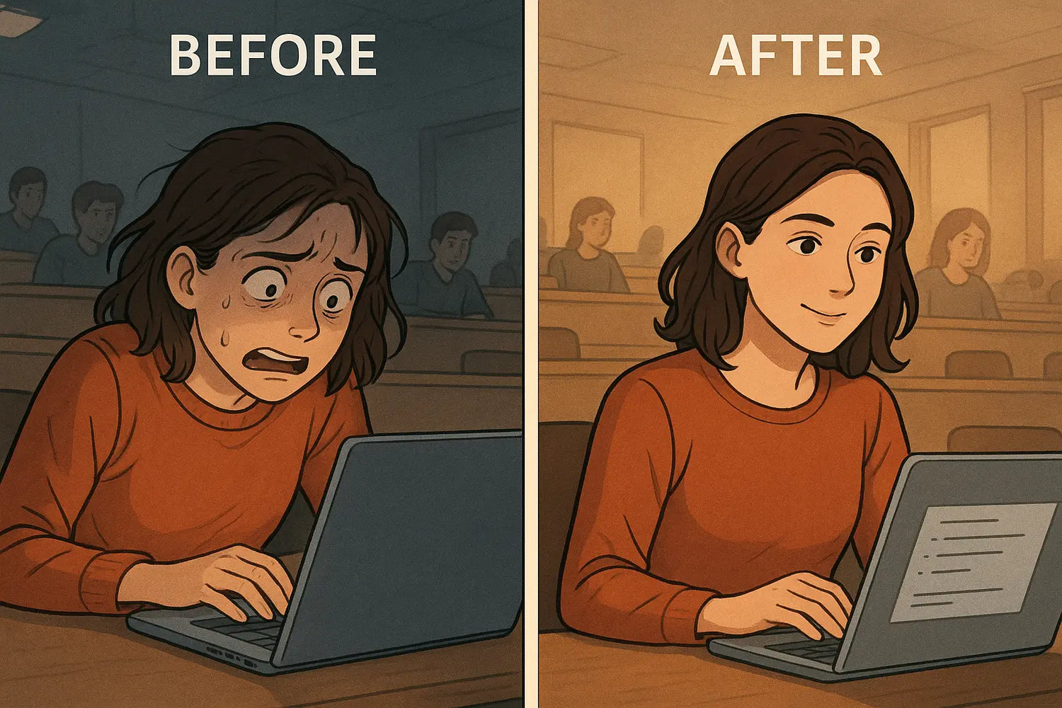 Student transformation: stressed typing dense notes, then calm typing simple text-style notes in a lecture hall