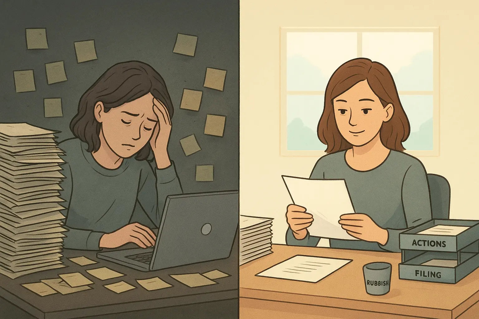 Woman calmly organising papers and emails at a tidy desk, looking focused and in control.