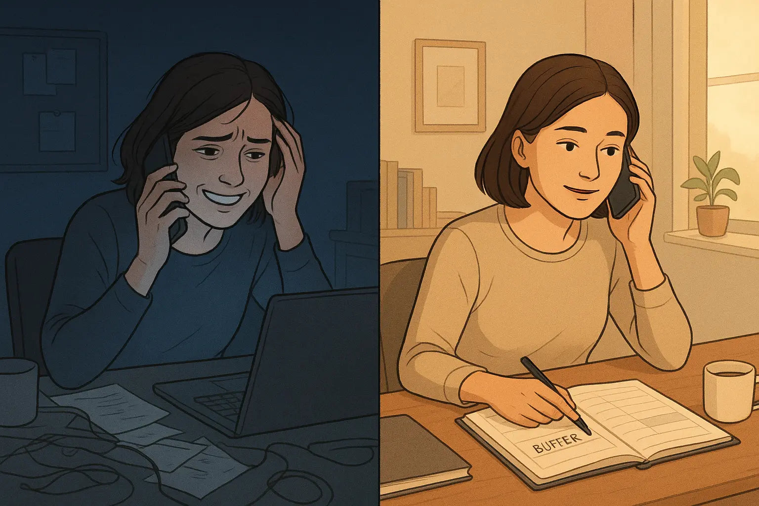 Woman transforms from stressed overpromising at messy desk to calm confidence with organised planner showing time buffer