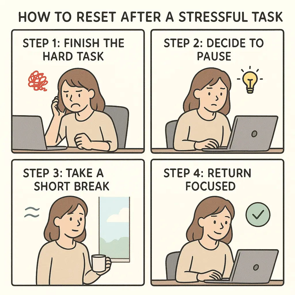 Four-panel comic showing a woman resetting after a stressful call by taking a window break before returning to focused work