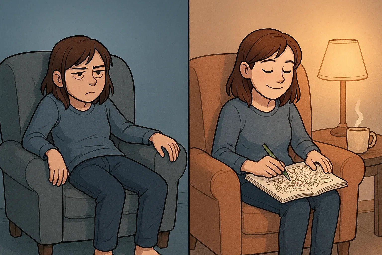 Before-and-after illustration showing a woman transforming from restless to calm whilst engaged in a colouring book