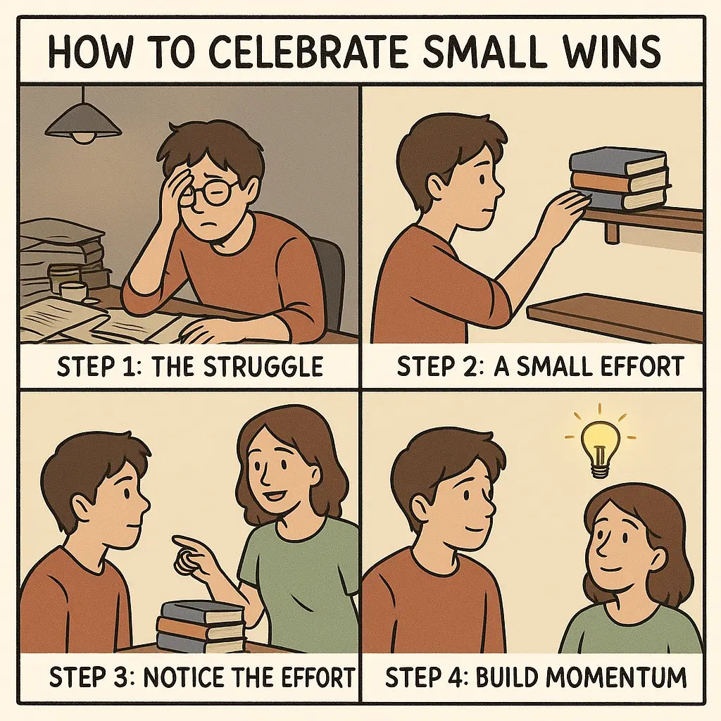 A four-panel comic showing a young adult gaining confidence as their roommate celebrates small efforts, illustrating how to build confidence through positive acknowledgement.