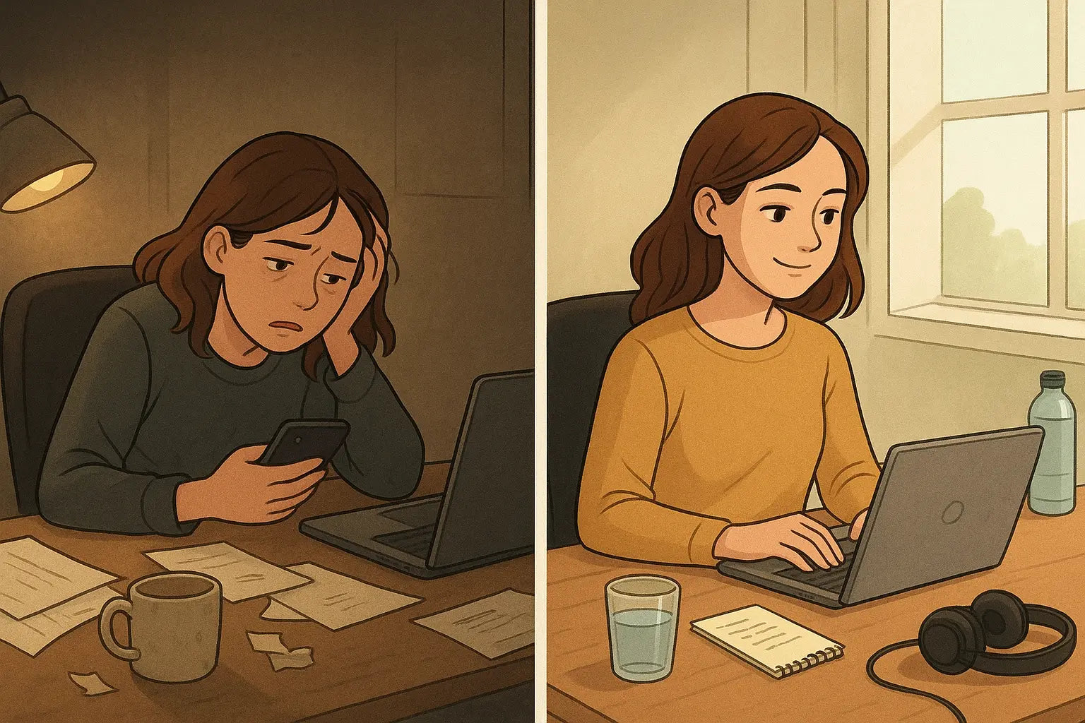Before and after desk transformation showing a woman moving from distracted phone scrolling to focused laptop work with organised workspace