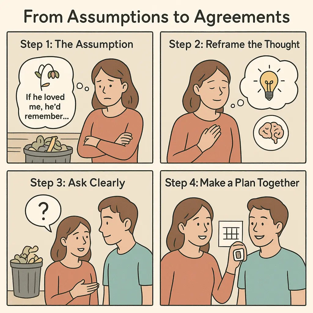 Four-panel comic showing a couple moving from frustrated assumptions about chores to making clear requests and collaborative plans together.