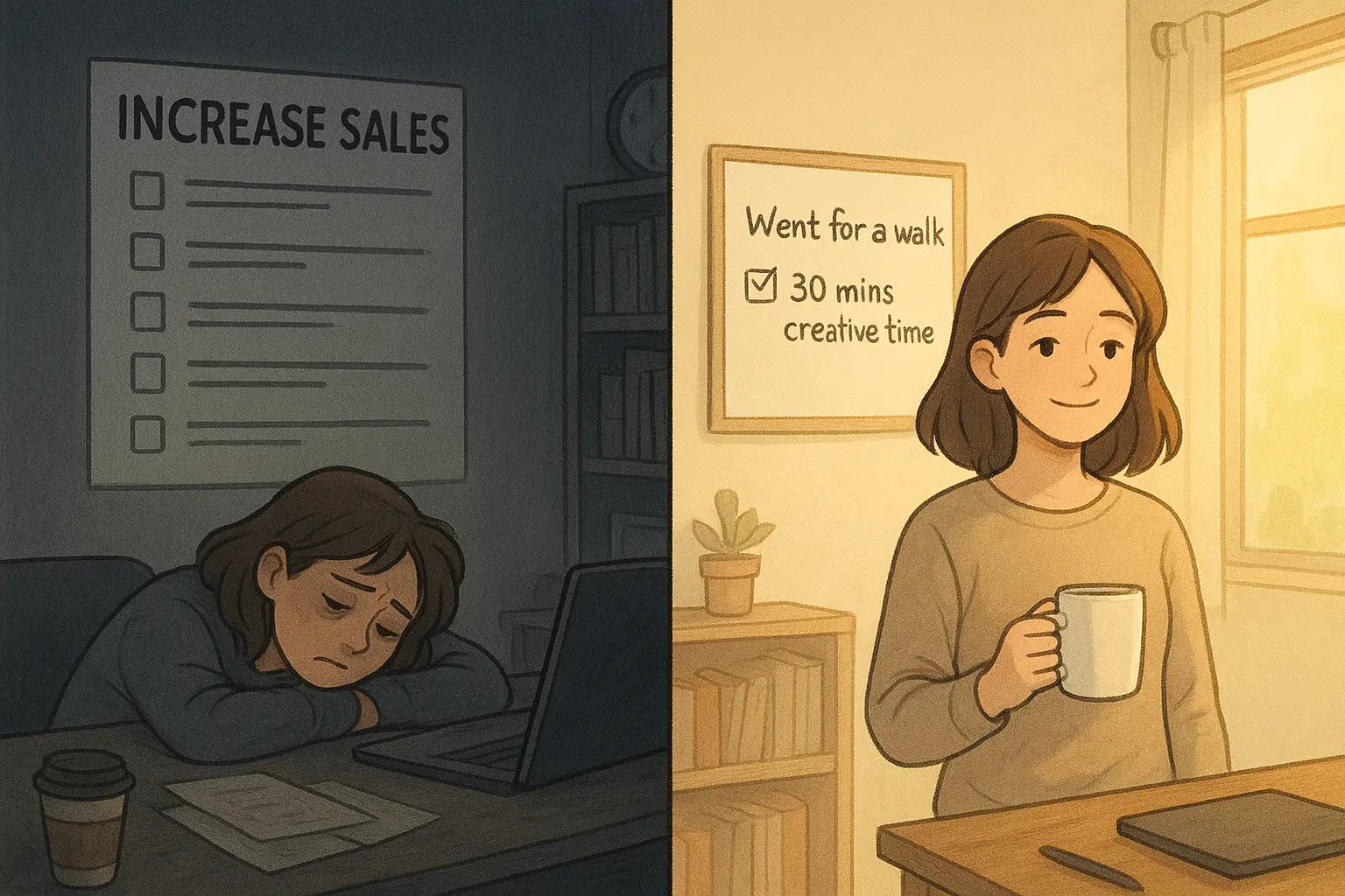 Woman transformed from stressed by overwhelming goals to calm and proud with her personalised achievable wins