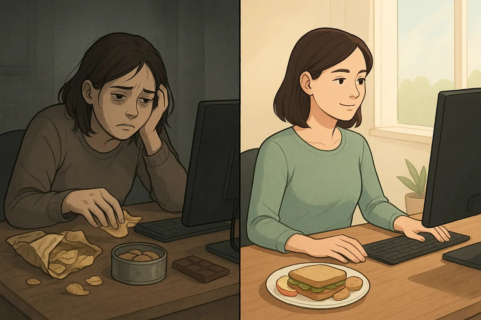 Split image showing a woman stressed with scattered snacks versus calm with organised food on one plate at her tidy desk