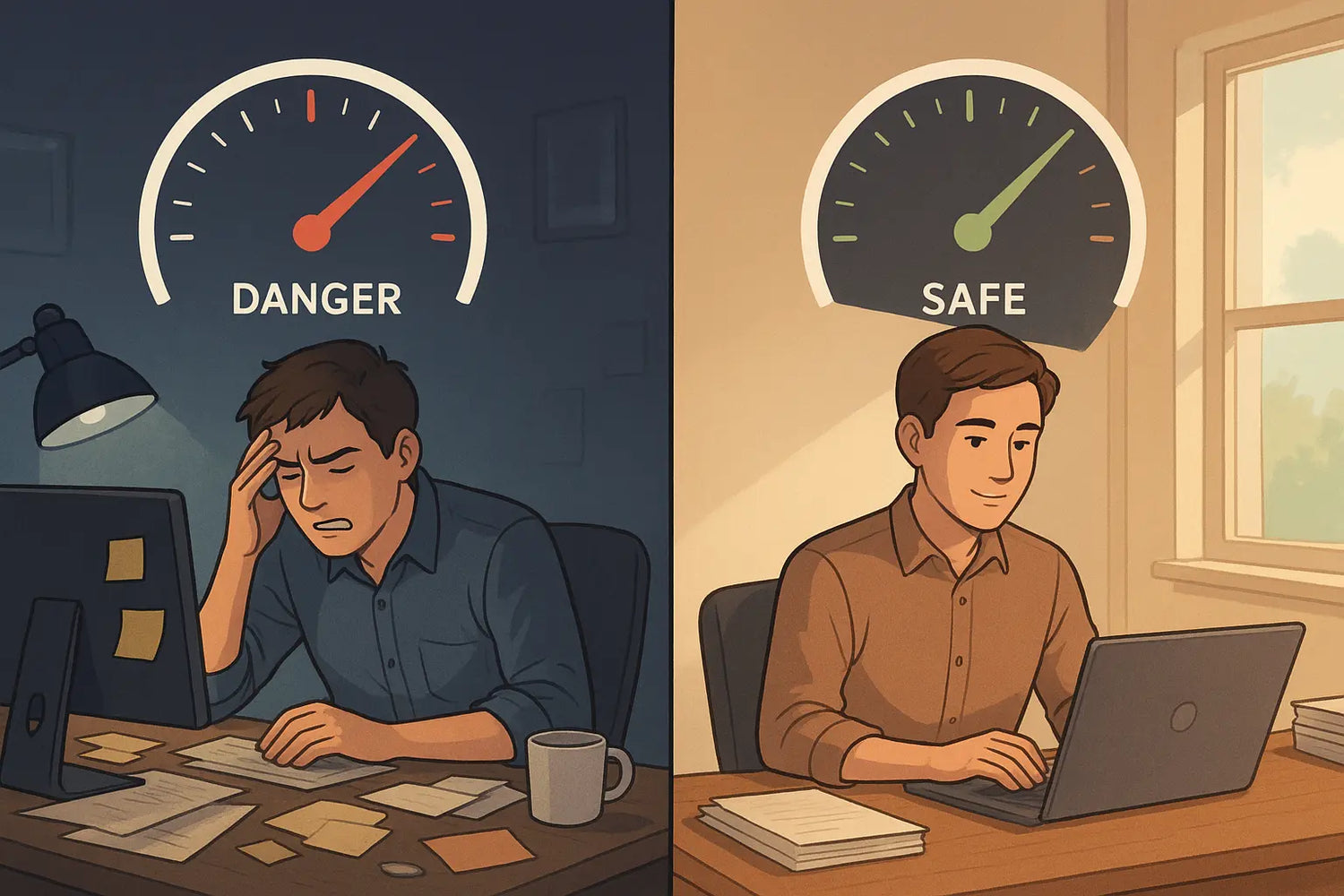 Split-panel illustration showing professional transformation from stressed at chaotic desk to calm at organised workspace with tachometer graphics