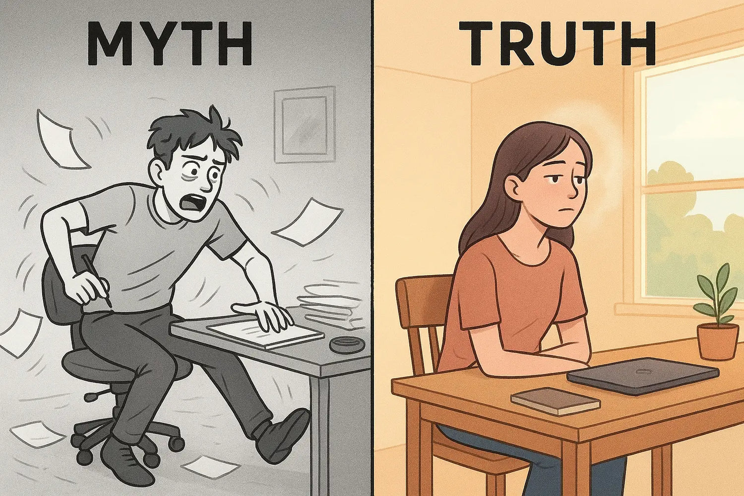 Split illustration showing hyperactive man in monochrome versus calm, daydreaming woman in colour, representing different presentations of neurodivergence.