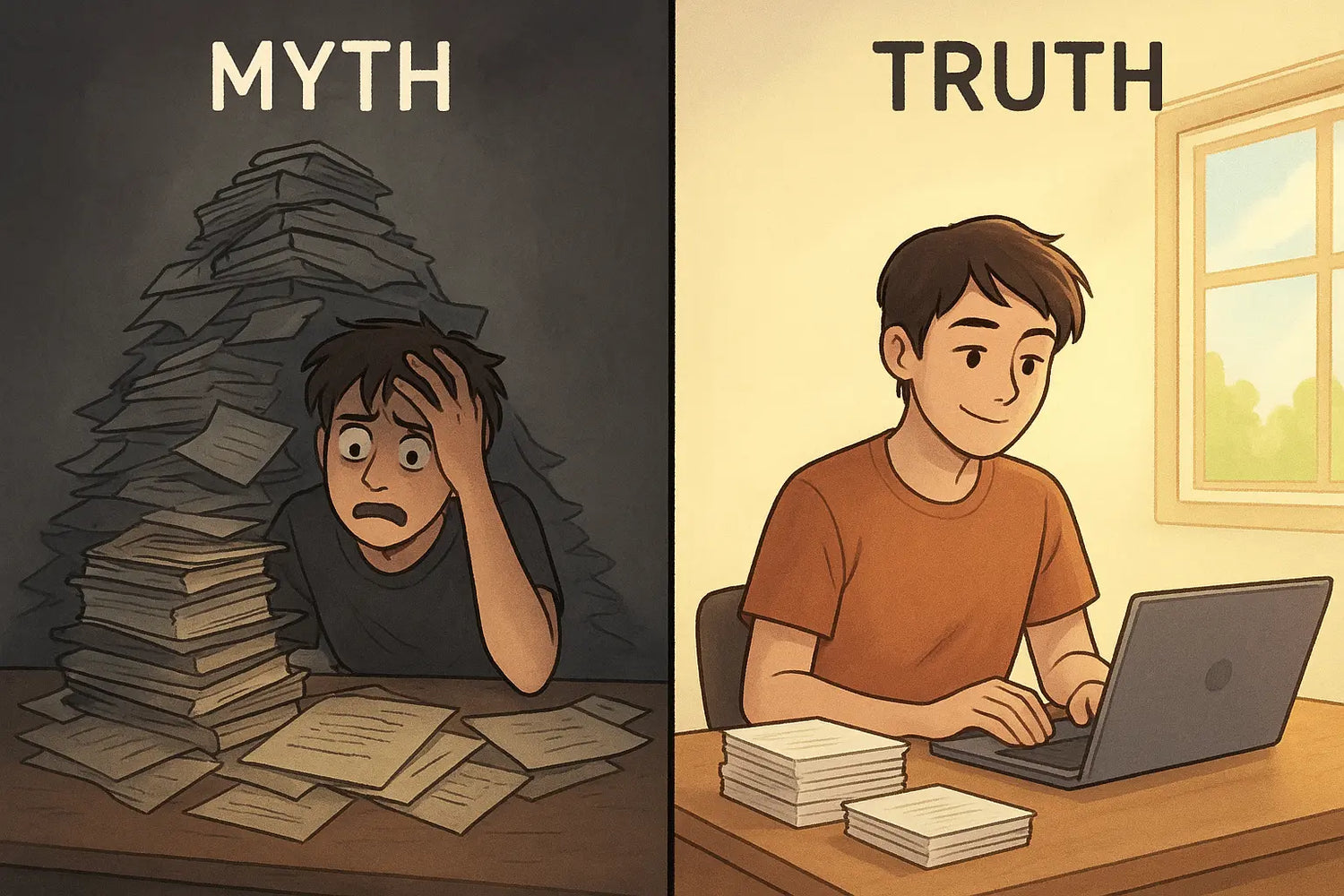 Diptych showing a stressed student facing a mountain of work versus the same student calmly tackling small, organised piles of work.