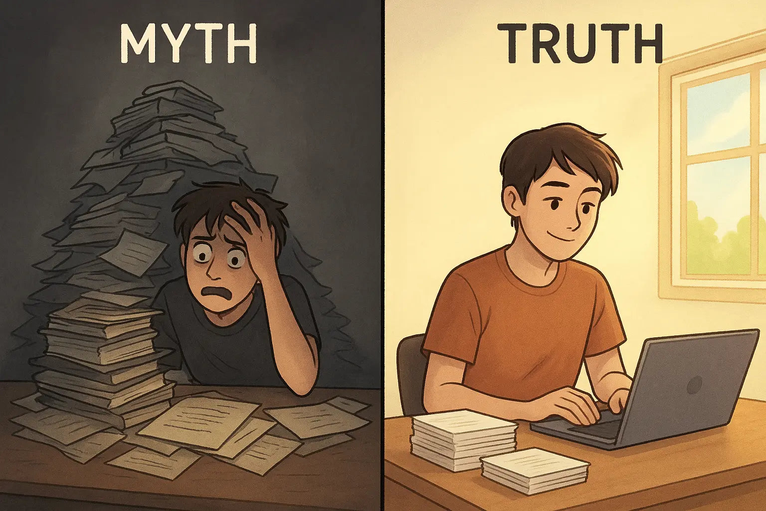 Diptych showing a stressed student facing a mountain of work versus the same student calmly tackling small, organised piles of work.