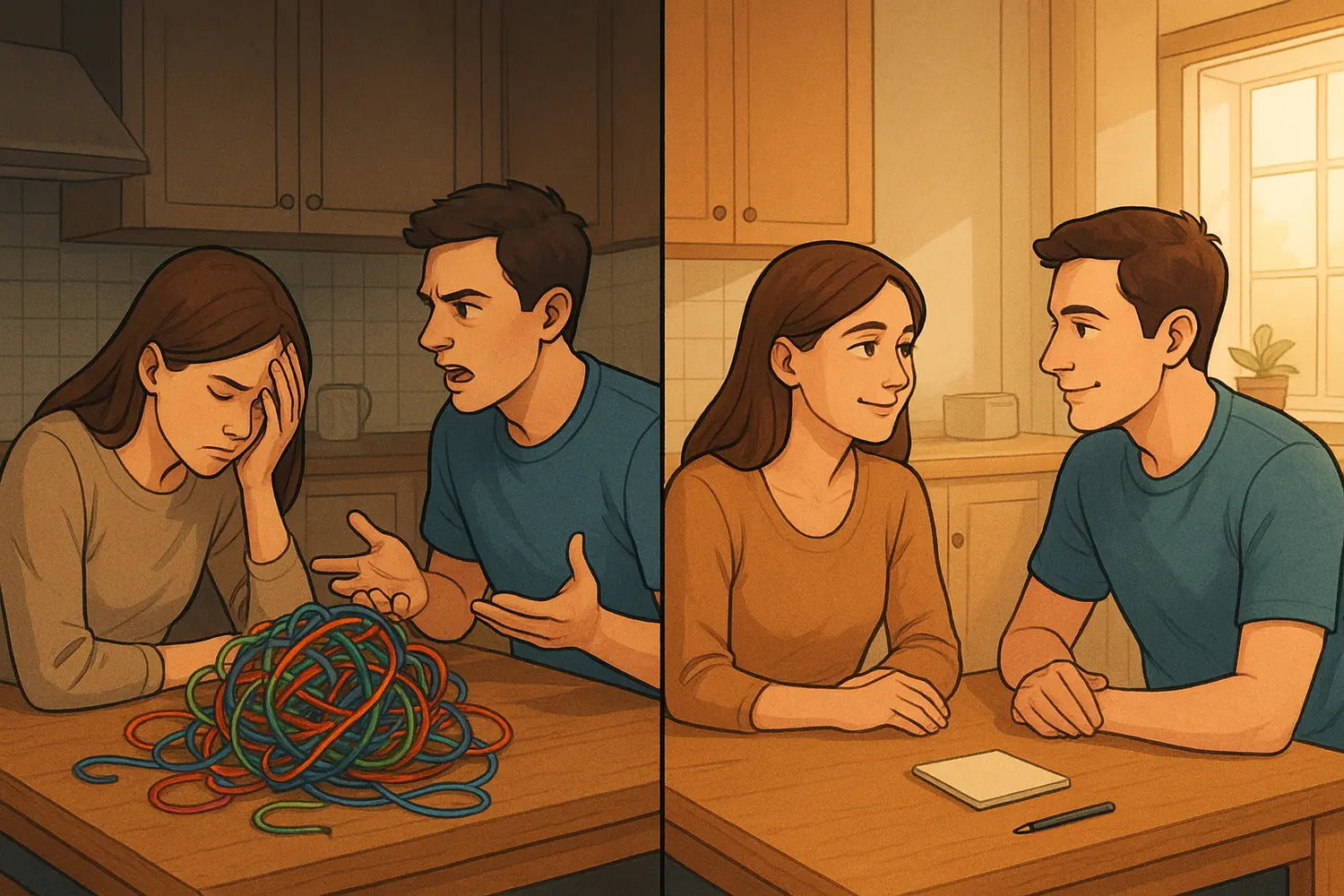 Split illustration showing a couple transforming from a tense, chaotic conversation to a calm, focused discussion using a notepad system.