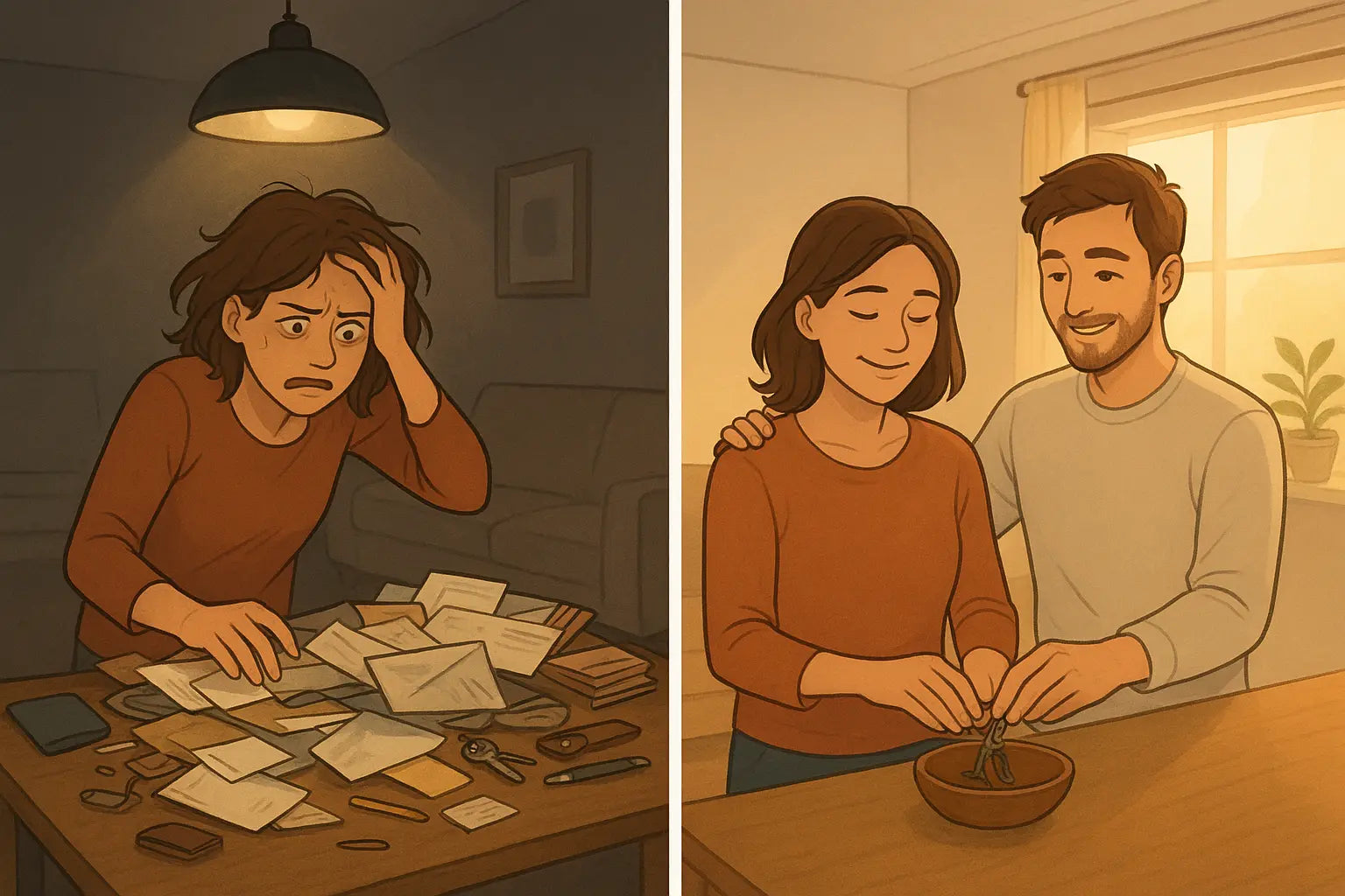 Woman transforms from stressed and alone to calm and organised with partner's help in tidy living room