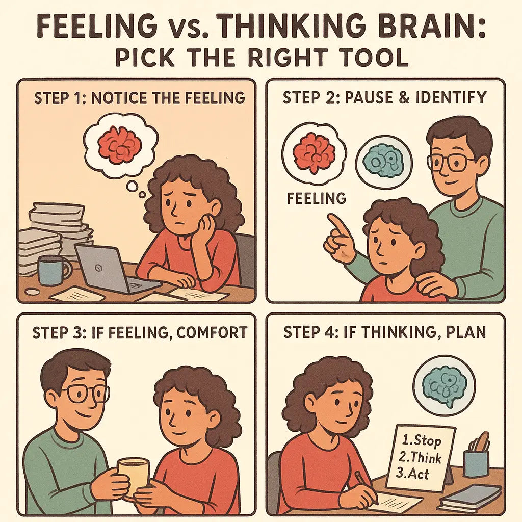 A four-panel comic showing a young adult learning to manage emotions with 'feeling brain' and 'thinking brain' icons and supportive guidance.